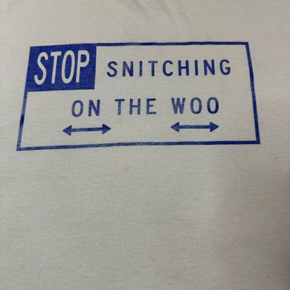 Vlone x Pop Smoke Mens L Stop Snitching On The Woo Graphic Tee Shirt White Blue - Picture 5 of 7